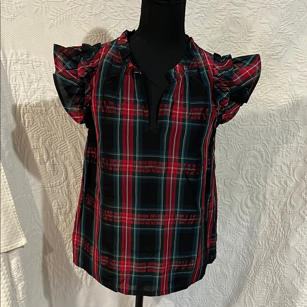Vineyard Vines Tartan Ruffle Sleeve Top